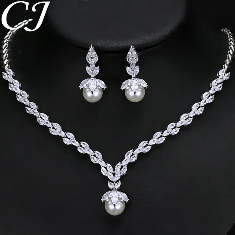 CANDICE Elegant Bridal Accessories AAA Cubic Zirconia With Round White Pearl Pendant Necklace Earrings Wedding Jewelry Sets For Women