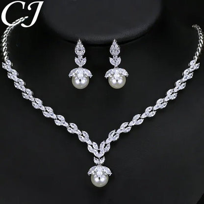 CANDICE Elegant Bridal Accessories AAA Cubic Zirconia With Round White Pearl Pendant Necklace Earrings Wedding Jewelry Sets For Women