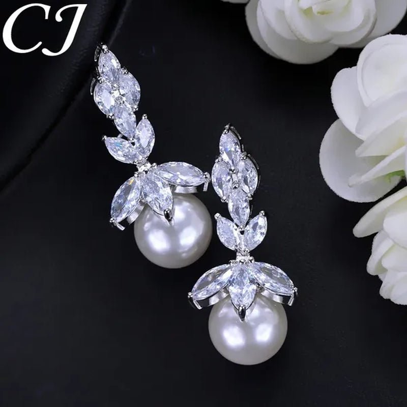 CANDICE Elegant Bridal Accessories AAA Cubic Zirconia With Round White Pearl Pendant Necklace Earrings Wedding Jewelry Sets For Women