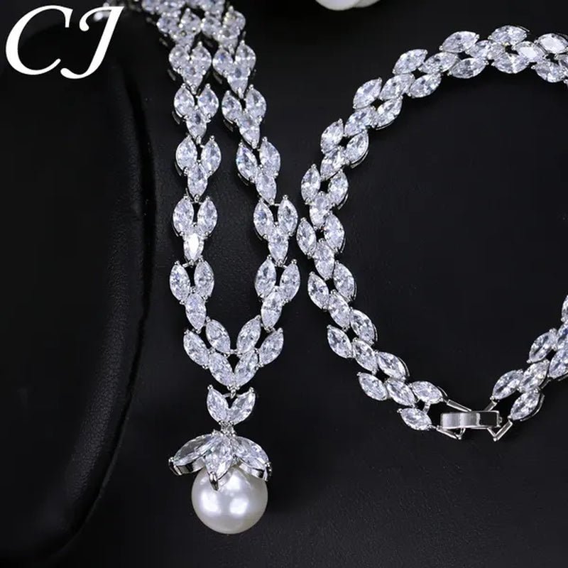 CANDICE Elegant Bridal Accessories AAA Cubic Zirconia With Round White Pearl Pendant Necklace Earrings Wedding Jewelry Sets For Women