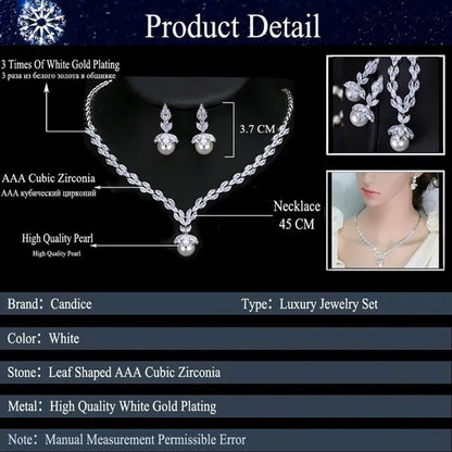 CANDICE Elegant Bridal Accessories AAA Cubic Zirconia With Round White Pearl Pendant Necklace Earrings Wedding Jewelry Sets For Women - WORLD TIME VISITS