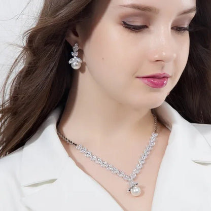 CANDICE Elegant Bridal Accessories AAA Cubic Zirconia With Round White Pearl Pendant Necklace Earrings Wedding Jewelry Sets For Women - WORLD TIME VISITS