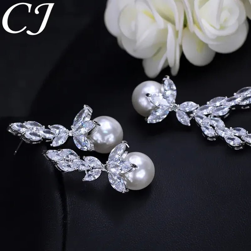 CANDICE Elegant Bridal Accessories AAA Cubic Zirconia With Round White Pearl Pendant Necklace Earrings Wedding Jewelry Sets For Women