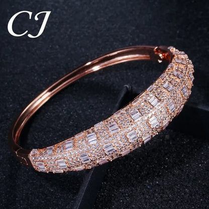 CANDICE Exclusive Design Rose Gold Plated Dubai Wedding Wide Bangle Ring Set Full Hand-Inlaid Cubic Zirconia African Bridal Open Cuff Bracelet Jewelry Sets for Women Prom Party