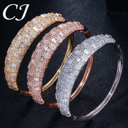 CANDICE Exclusive Design Rose Gold Plated Dubai Wedding Wide Bangle Ring Set Full Hand-Inlaid Cubic Zirconia African Bridal Open Cuff Bracelet Jewelry Sets for Women Prom Party