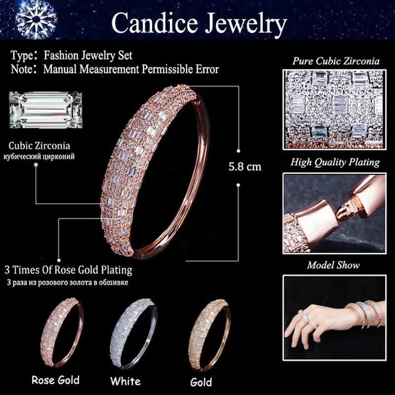 CANDICE Exclusive Design Rose Gold Plated Dubai Wedding Wide Bangle Ring Set Full Hand - Inlaid Cubic Zirconia African Bridal Open Cuff Bracelet Jewelry Sets for Women Prom Party - WORLD TIME VISITS