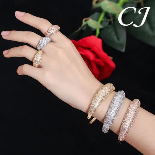 CANDICE Exclusive Design Rose Gold Plated Dubai Wedding Wide Bangle Ring Set Full Hand - Inlaid Cubic Zirconia African Bridal Open Cuff Bracelet Jewelry Sets for Women Prom Party - WORLD TIME VISITS