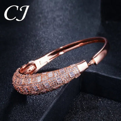 CANDICE Exclusive Design Rose Gold Plated Dubai Wedding Wide Bangle Ring Set Full Hand-Inlaid Cubic Zirconia African Bridal Open Cuff Bracelet Jewelry Sets for Women Prom Party