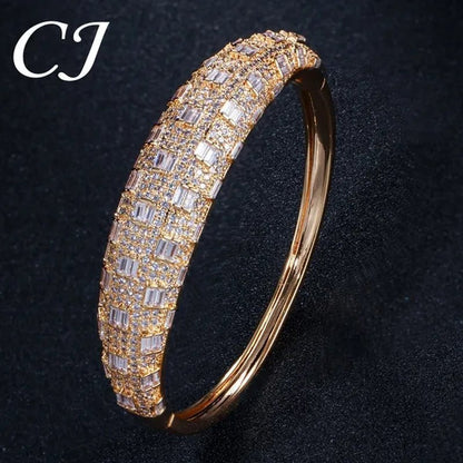CANDICE Exclusive Design Rose Gold Plated Dubai Wedding Wide Bangle Ring Set Full Hand-Inlaid Cubic Zirconia African Bridal Open Cuff Bracelet Jewelry Sets for Women Prom Party