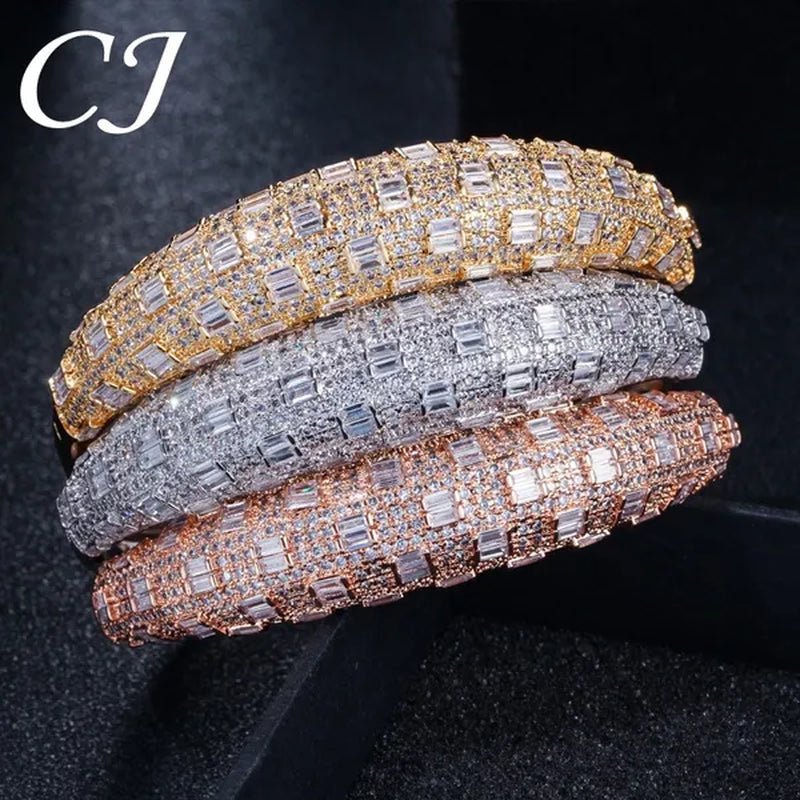 CANDICE Exclusive Design Rose Gold Plated Dubai Wedding Wide Bangle Ring Set Full Hand-Inlaid Cubic Zirconia African Bridal Open Cuff Bracelet Jewelry Sets for Women Prom Party