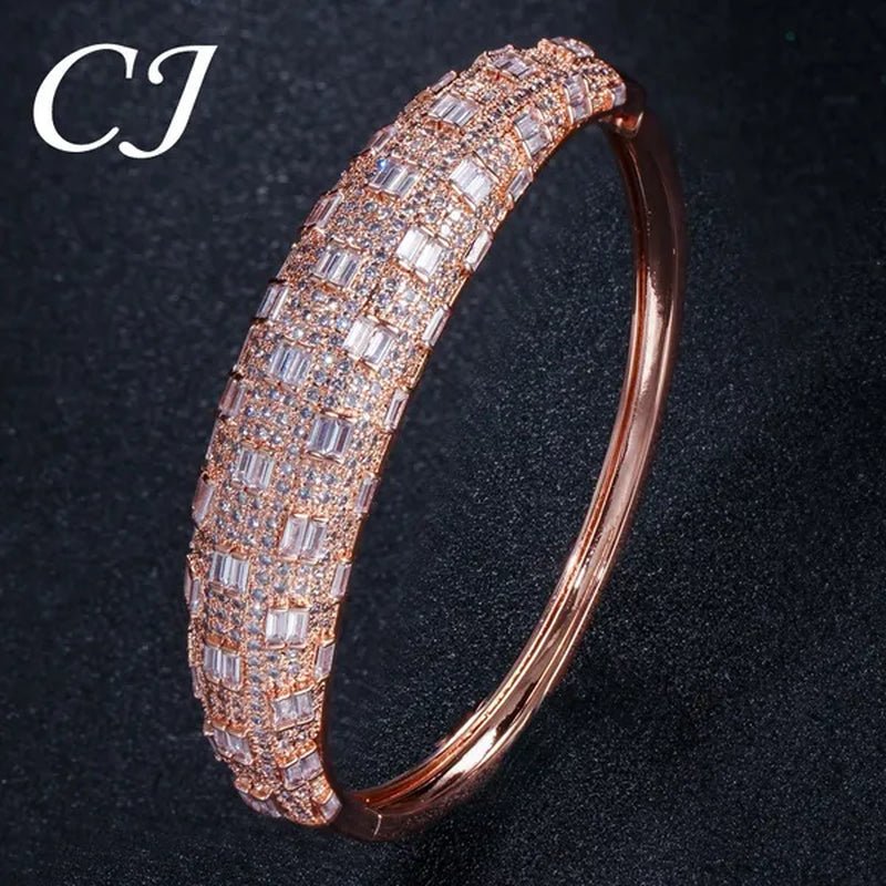 CANDICE Exclusive Design Rose Gold Plated Dubai Wedding Wide Bangle Ring Set Full Hand-Inlaid Cubic Zirconia African Bridal Open Cuff Bracelet Jewelry Sets for Women Prom Party