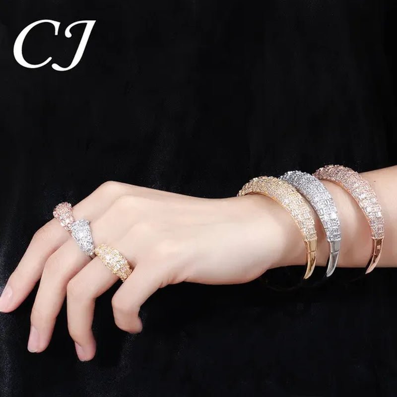 CANDICE Exclusive Design Rose Gold Plated Dubai Wedding Wide Bangle Ring Set Full Hand - Inlaid Cubic Zirconia African Bridal Open Cuff Bracelet Jewelry Sets for Women Prom Party - WORLD TIME VISITS
