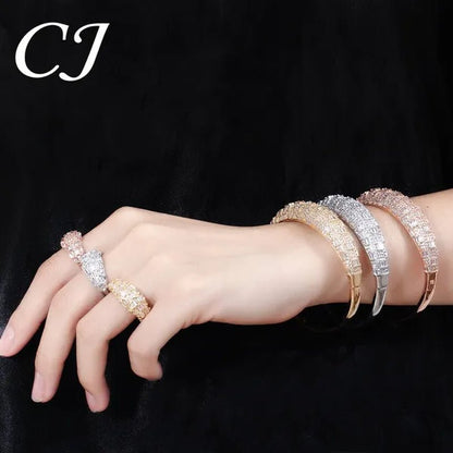 CANDICE Exclusive Design Rose Gold Plated Dubai Wedding Wide Bangle Ring Set Full Hand - Inlaid Cubic Zirconia African Bridal Open Cuff Bracelet Jewelry Sets for Women Prom Party - WORLD TIME VISITS