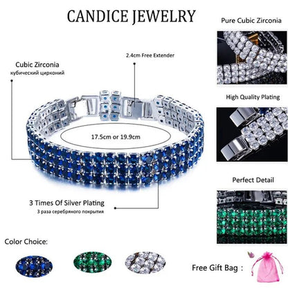 CANDICE Exquisite Hand - Inlay 3 Rows round Cut Shining CZ Silver Plating Wide Bracelets Bangles High Quality Female Wedding Party Jewelry - WORLD TIME VISITS