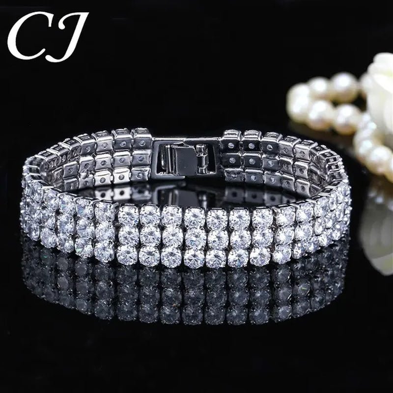 CANDICE Exquisite Hand - Inlay 3 Rows round Cut Shining CZ Silver Plating Wide Bracelets Bangles High Quality Female Wedding Party Jewelry - WORLD TIME VISITS