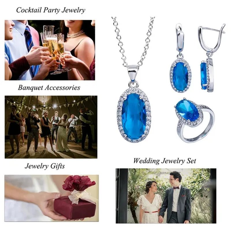 CANDICE Fashion Women Sterling Silver Plated Jewelry Sets For Girls Lovely Oval Pink CZ Stone Party Necklace Earrings Ring Set（US 7 - 9) - WORLD TIME VISITS