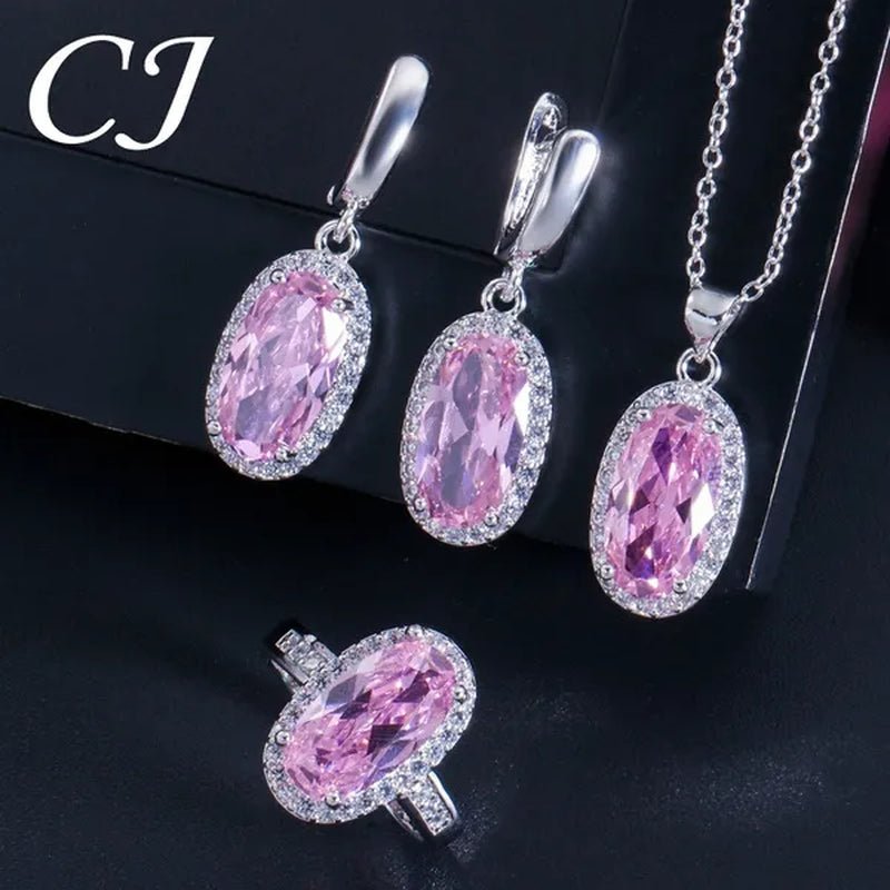 CANDICE Fashion Women Sterling Silver Plated Jewelry Sets For Girls Lovely Oval Pink CZ Stone Party Necklace Earrings Ring Set（US 7 - 9) - WORLD TIME VISITS