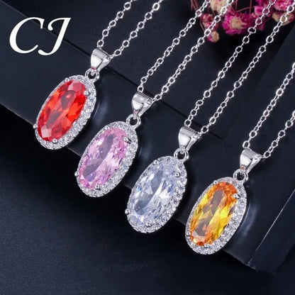 CANDICE Fashion Women Sterling Silver Plated Jewelry Sets For Girls Lovely Oval Pink CZ Stone Party Necklace Earrings Ring Set（US 7-9)