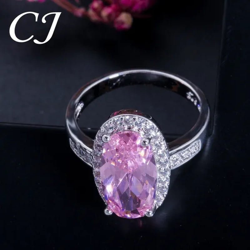 CANDICE Fashion Women Sterling Silver Plated Jewelry Sets For Girls Lovely Oval Pink CZ Stone Party Necklace Earrings Ring Set（US 7-9)