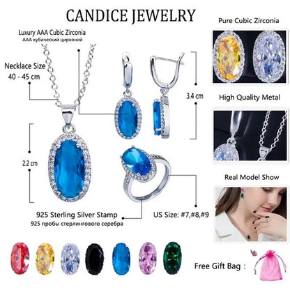 CANDICE Fashion Women Sterling Silver Plated Jewelry Sets For Girls Lovely Oval Pink CZ Stone Party Necklace Earrings Ring Set（US 7 - 9) - WORLD TIME VISITS