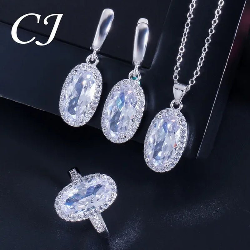 CANDICE Fashion Women Sterling Silver Plated Jewelry Sets For Girls Lovely Oval Pink CZ Stone Party Necklace Earrings Ring Set（US 7-9)
