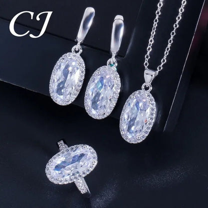 CANDICE Fashion Women Sterling Silver Plated Jewelry Sets For Girls Lovely Oval Pink CZ Stone Party Necklace Earrings Ring Set（US 7-9)