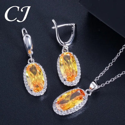 CANDICE Fashion Women Sterling Silver Plated Jewelry Sets For Girls Lovely Oval Pink CZ Stone Party Necklace Earrings Ring Set（US 7-9)