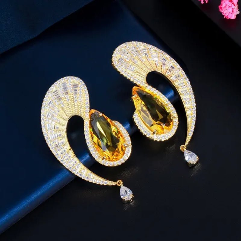 CANDICE Gorgeous 18K Gold Plated Inlay Pear Cut Citrine Stone Big Geometric Stud Earrings Jewelry for Female Dress Accessories