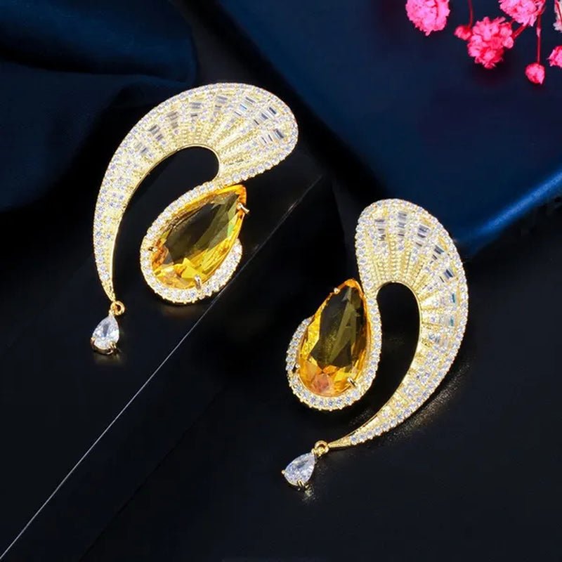 CANDICE Gorgeous 18K Gold Plated Inlay Pear Cut Citrine Stone Big Geometric Stud Earrings Jewelry for Female Dress Accessories