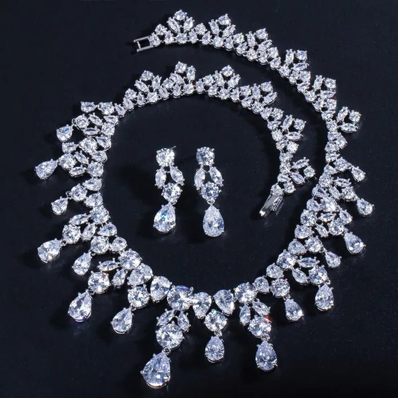 CANDICE Gorgeous Multi Cut CZ Stone Water Drop Tassel Necklace Earrings Set High Quality White Gold Plated Costume Jewelry Sets for Wedding Prom
