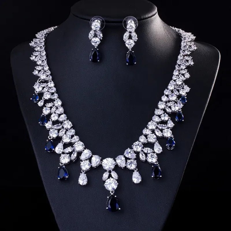 CANDICE Gorgeous Multi Cut CZ Stone Water Drop Tassel Necklace Earrings Set High Quality White Gold Plated Costume Jewelry Sets for Wedding Prom