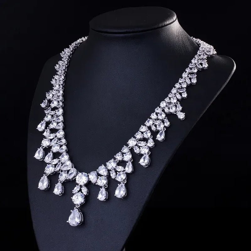 CANDICE Gorgeous Multi Cut CZ Stone Water Drop Tassel Necklace Earrings Set High Quality White Gold Plated Costume Jewelry Sets for Wedding Prom