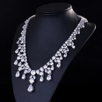 CANDICE Gorgeous Multi Cut CZ Stone Water Drop Tassel Necklace Earrings Set High Quality White Gold Plated Costume Jewelry Sets for Wedding Prom