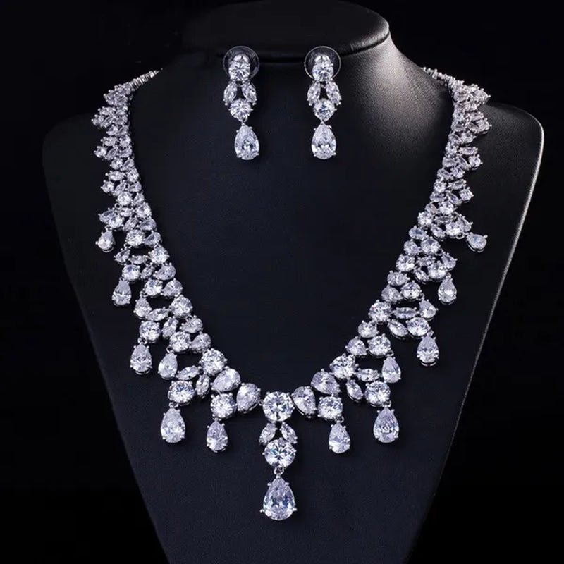 CANDICE Gorgeous Multi Cut CZ Stone Water Drop Tassel Necklace Earrings Set High Quality White Gold Plated Costume Jewelry Sets for Wedding Prom