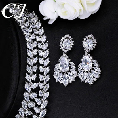 CANDICE Hand-Inlay Sparkling AAA+ CZ Stone Luxury Wedding Bridal Jewelry Set Classic Platinum Plated Water Drop Pendant Necklace Earrings for Women Party