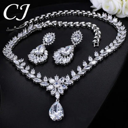 CANDICE Hand-Inlay Sparkling AAA+ CZ Stone Luxury Wedding Bridal Jewelry Set Classic Platinum Plated Water Drop Pendant Necklace Earrings for Women Party