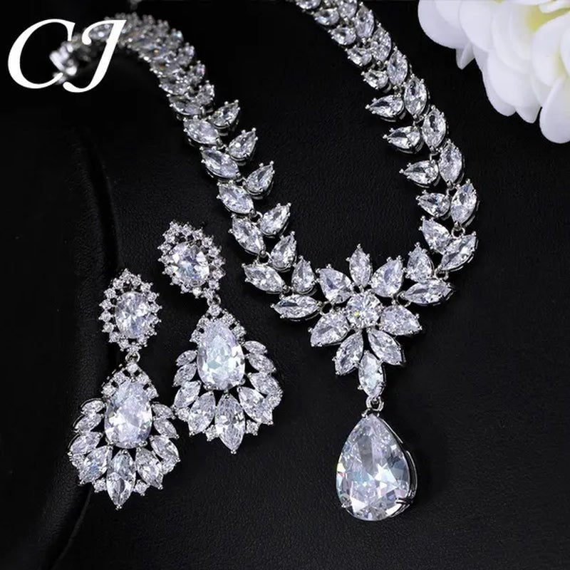 CANDICE Hand-Inlay Sparkling AAA+ CZ Stone Luxury Wedding Bridal Jewelry Set Classic Platinum Plated Water Drop Pendant Necklace Earrings for Women Party
