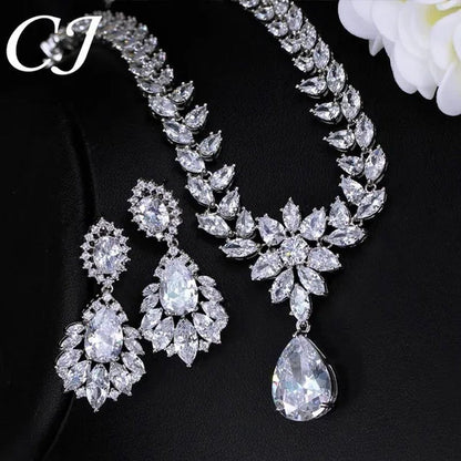 CANDICE Hand-Inlay Sparkling AAA+ CZ Stone Luxury Wedding Bridal Jewelry Set Classic Platinum Plated Water Drop Pendant Necklace Earrings for Women Party