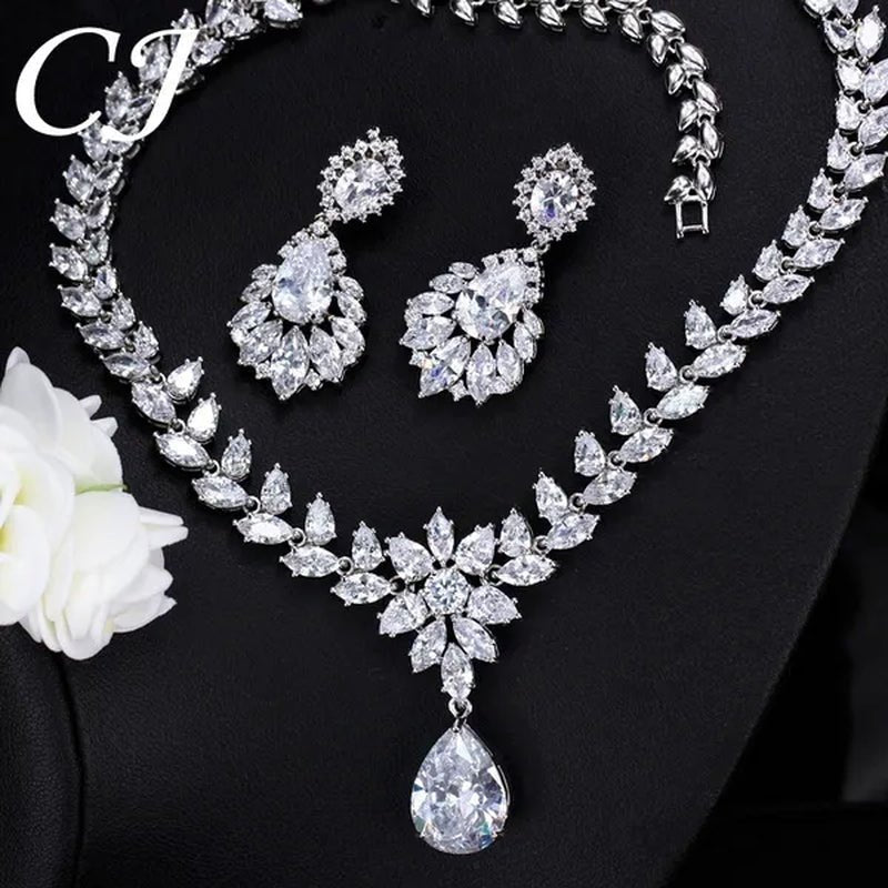 CANDICE Hand-Inlay Sparkling AAA+ CZ Stone Luxury Wedding Bridal Jewelry Set Classic Platinum Plated Water Drop Pendant Necklace Earrings for Women Party