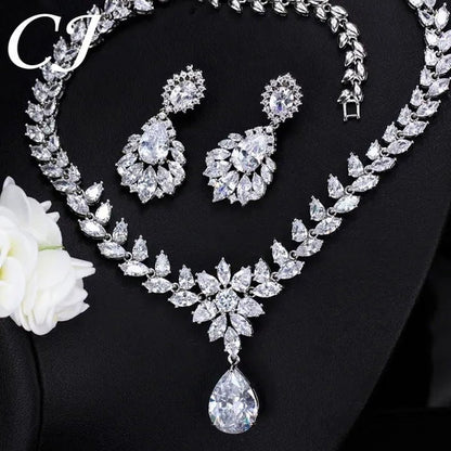 CANDICE Hand-Inlay Sparkling AAA+ CZ Stone Luxury Wedding Bridal Jewelry Set Classic Platinum Plated Water Drop Pendant Necklace Earrings for Women Party