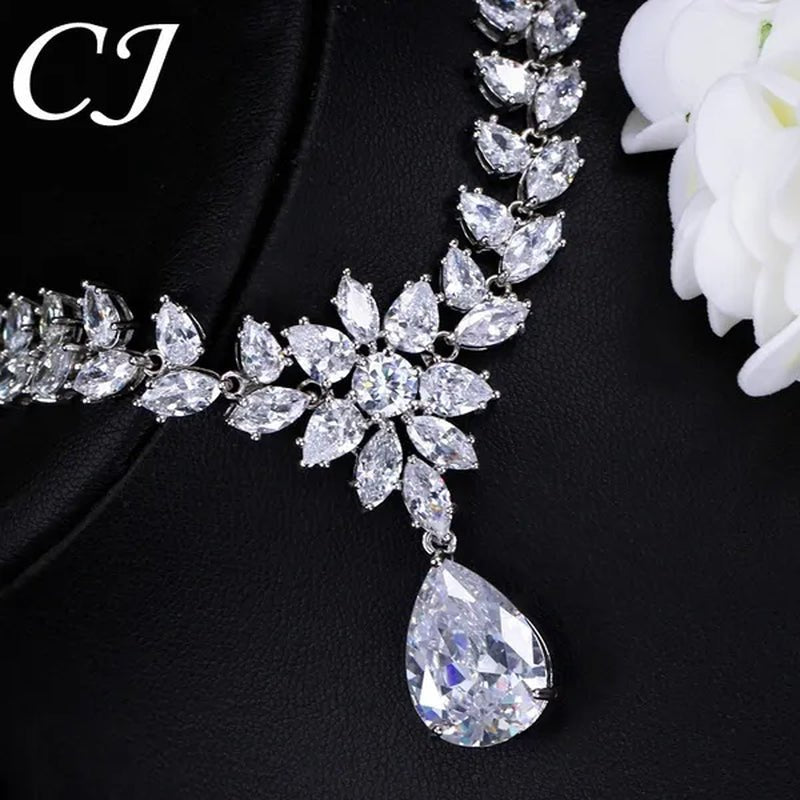 CANDICE Hand-Inlay Sparkling AAA+ CZ Stone Luxury Wedding Bridal Jewelry Set Classic Platinum Plated Water Drop Pendant Necklace Earrings for Women Party