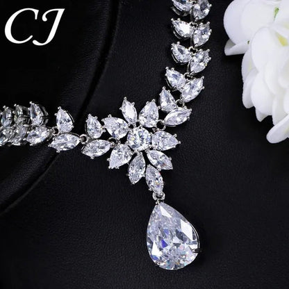 CANDICE Hand-Inlay Sparkling AAA+ CZ Stone Luxury Wedding Bridal Jewelry Set Classic Platinum Plated Water Drop Pendant Necklace Earrings for Women Party