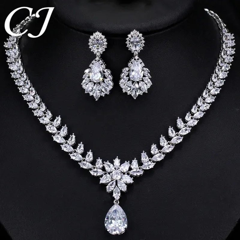 CANDICE Hand-Inlay Sparkling AAA+ CZ Stone Luxury Wedding Bridal Jewelry Set Classic Platinum Plated Water Drop Pendant Necklace Earrings for Women Party