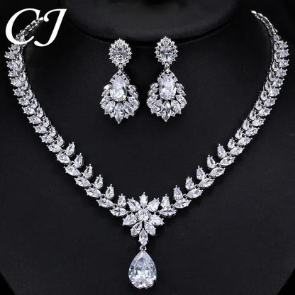 CANDICE Hand-Inlay Sparkling AAA+ CZ Stone Luxury Wedding Bridal Jewelry Set Classic Platinum Plated Water Drop Pendant Necklace Earrings for Women Party