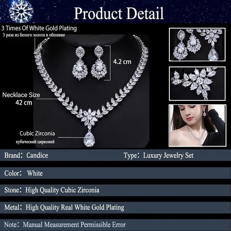 CANDICE Hand - Inlay Sparkling AAA+ CZ Stone Luxury Wedding Bridal Jewelry Set Classic Platinum Plated Water Drop Pendant Necklace Earrings for Women Party - WORLD TIME VISITS