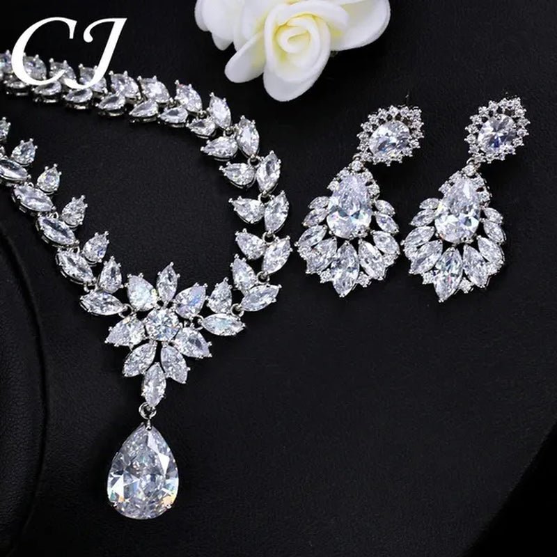 CANDICE Hand-Inlay Sparkling AAA+ CZ Stone Luxury Wedding Bridal Jewelry Set Classic Platinum Plated Water Drop Pendant Necklace Earrings for Women Party