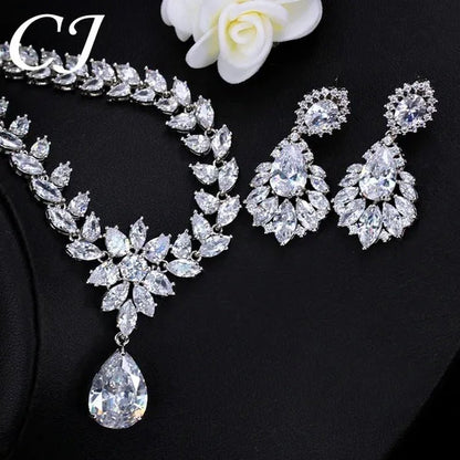 CANDICE Hand-Inlay Sparkling AAA+ CZ Stone Luxury Wedding Bridal Jewelry Set Classic Platinum Plated Water Drop Pendant Necklace Earrings for Women Party
