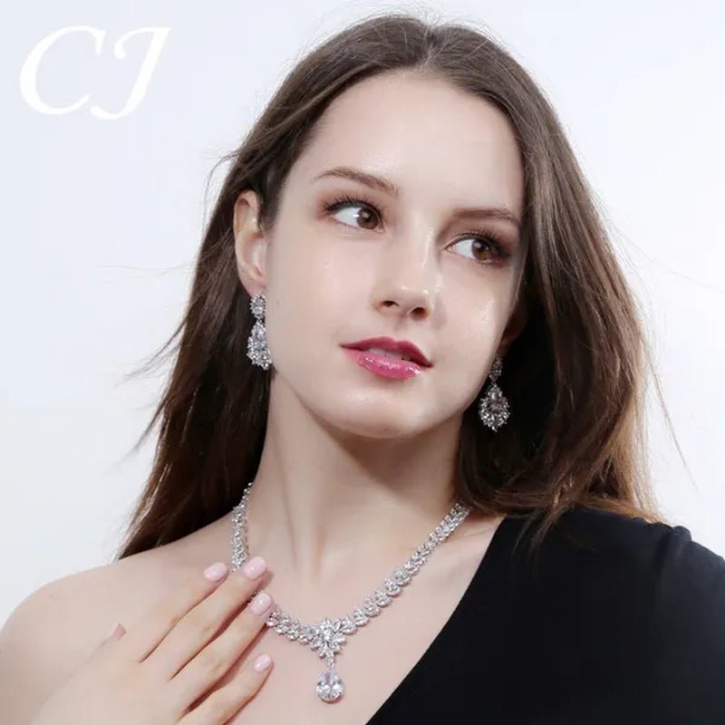CANDICE Hand - Inlay Sparkling AAA+ CZ Stone Luxury Wedding Bridal Jewelry Set Classic Platinum Plated Water Drop Pendant Necklace Earrings for Women Party - WORLD TIME VISITS