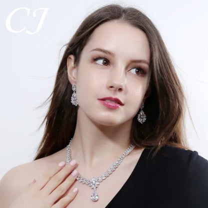 CANDICE Hand - Inlay Sparkling AAA+ CZ Stone Luxury Wedding Bridal Jewelry Set Classic Platinum Plated Water Drop Pendant Necklace Earrings for Women Party - WORLD TIME VISITS