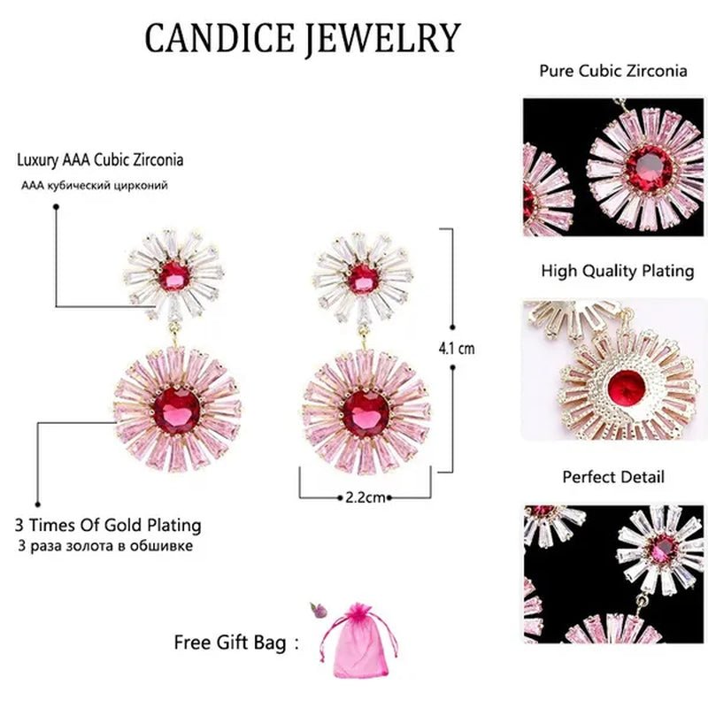 CANDICE High Quality 18K Yellow Gold Plating Gorgeous Women Pink Flower Dangling Earrings Pave Clear Red Cubic Zirconia Dancing Party Jewelry Accessories - WORLD TIME VISITS